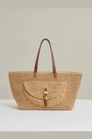 Reiss Aurora Flap-Pocket Raffia Tote Bageen