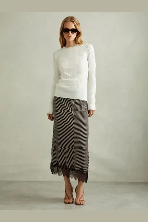 Reiss Ivy Striped Lace Trim Midi Skirt40