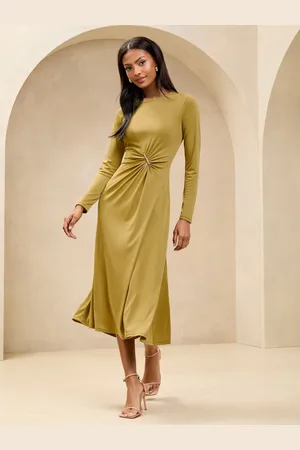 Lipsy London Ruched Fit and Flare Midi Dress with Gold Trim Detail42
