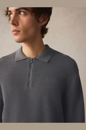 Next Regular Fit 100% Cotton Long Sleeve Textured Knit Zip Polo ShirtM Reg