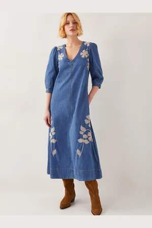 Monsoon Fallon Floral Print Embroidered Denim 100% Cotton Midi Dress2X-Large