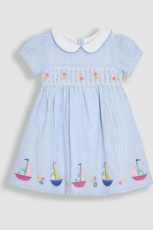 JoJo Maman Bébé Seersucker Appliqué Smocked Dress8692cm