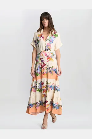 Gina Bacconi Orange Sarah Floral Print Shirt DressLarge