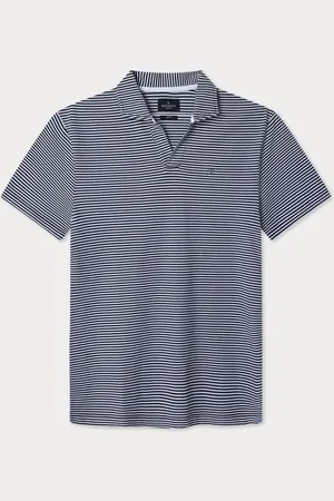 Hackett Striped Pique Knit Polo With Open CollarLarge