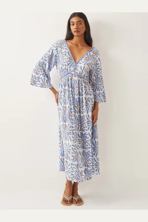 Monsoon Cece V-Neck Woodblock Print Midi 100% Cotton Dress