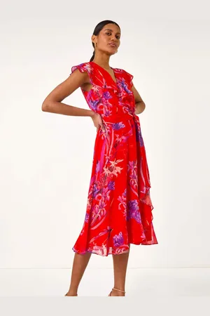 Roman Floral Print Ruffle Wrap Front Midi Dress40