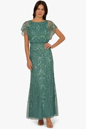 Adrianna Papell Green Beaded Blouson Long Dress40
