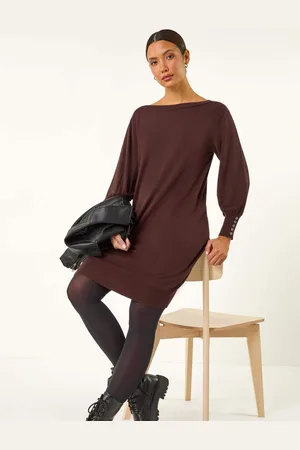 Roman Button Detail Slash Neck Knitted Stretch Jumper Dress42