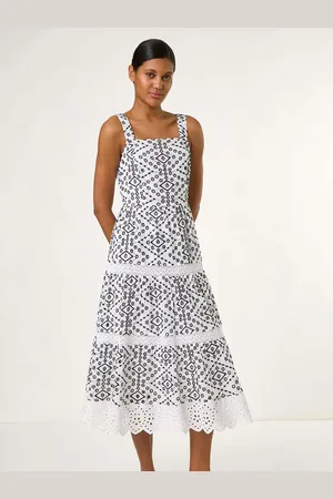 Roman 100% Cotton Broderie Strap Detail Midi DressEU 42 (UK 14)