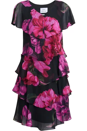 Gina Bacconi Skylar Short Printed Floral Tier Black Dress40