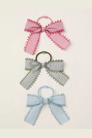 Fat Face FatFace Gingham Bow Hair 100% Cotton Elastics 3 Packeen