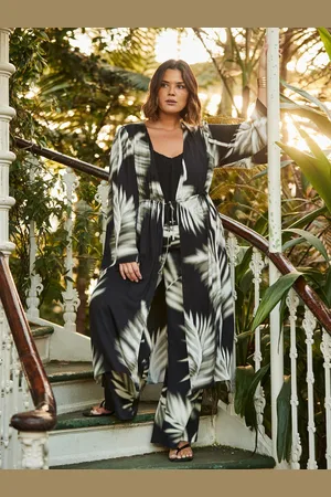 Live Unlimited London Leaf Print Longline Drawstring Kimono46