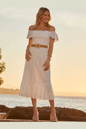 Sosandar Broderie Detail Belted Bardot 100% Cotton Dress44
