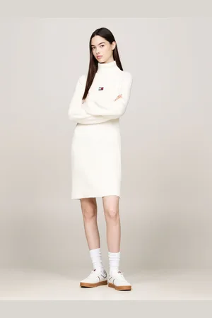Tommy Hilfiger Witte sweaterjurk met opstaande kraag en badgeXS