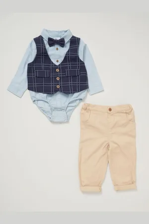 Little Gent Blue Mock 100% Cotton Waistcoat Bow Tie Outfit Set24 maanden (92 cm)
