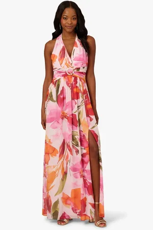 Adrianna Papell Pink Floral Chiffon Ring GownEU 46 (UK 18)