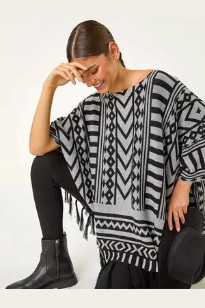 Roman Pattern Fringe Poncho JumperL-XL