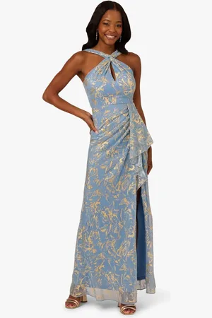 Adrianna Papell Blue Halter Soft Skirt Gown36