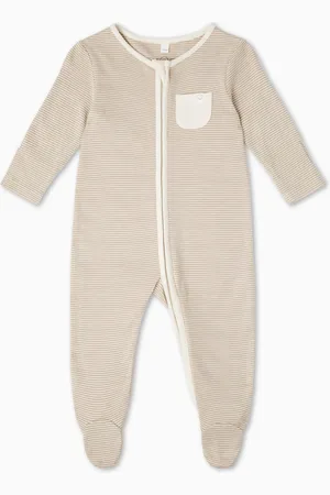 Mori Naturelkleurige babypyjama van biologisch katoen en bamboe met natuurlijk streepdessin en ritsPasgeboren