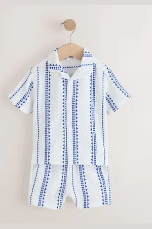 Next 100% katoen set van overhemd met textuur, korte mouwen en reverskraag en shorts (3 mnd