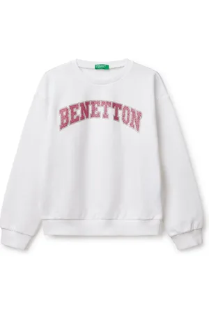 Benetton Girls Logo Crewneck 100% Cotton White Sweatshirt8