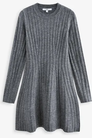 Next Ribbed Fit And Flare Mini Knitted Jumper Dress With WoolL