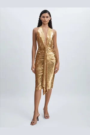 Halston Heritage Gold Sequin Halterneck Plunge Dress42