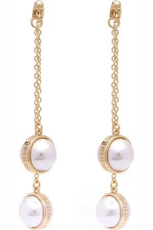 Karen Millen Gold Tone Logo Pearl Double Drop Earringseen