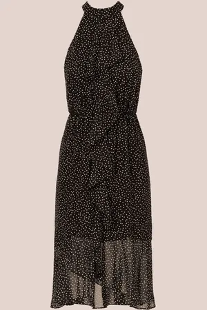 Adrianna Papell Shirred Dot Chiffon Black Midi Dress36