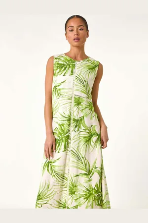 Roman Petite Leaf Print Trim Midi Dress42