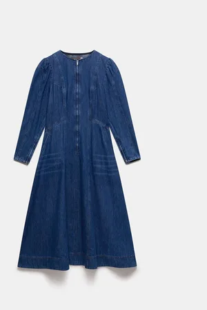 mint&berry Indigo Puff Sleeve Denim 100% Cotton Midi Dress44