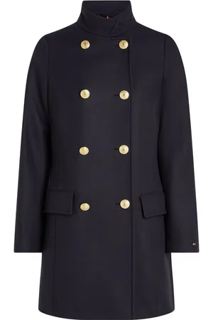 Tommy Hilfiger Blauwe slim fit wolmix trechtermantel met dubbele rij knopen34