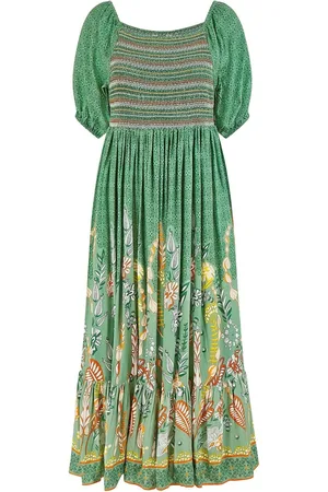 Yumi Ruched Leaf Print Maxi Dress With Puff SleevesEU 38 (UK 10)