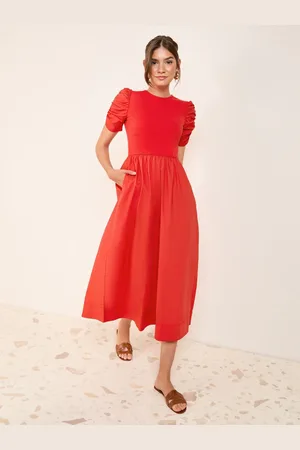 Friends Like These Cotton Mix Ruched Sleeve Midi Dress50