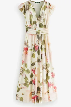Next Pleated Mesh Floral Print V-Neck Occasion Midi Dress38 Tall