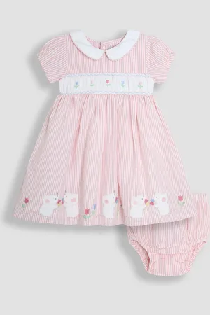 JoJo Maman Bébé Seersucker Appliqué Smocked 100% Cotton Dress8692cm