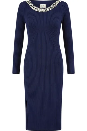 Yumi Pearl Neckline Fitted Midi Knitted DressS