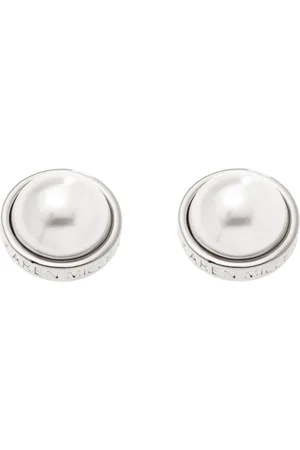 Karen Millen Silver Tone Logo Pearl Stud Earringseen