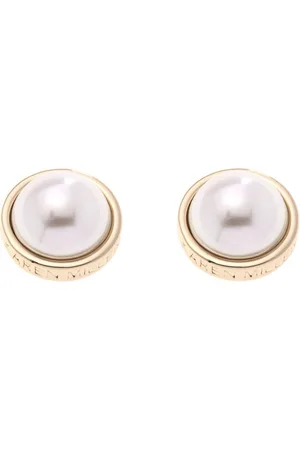 Karen Millen Gold Tone Logo Pearl Stud Earringseen