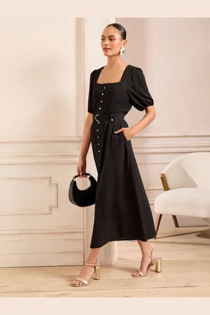Love & Roses Square Neck Short Sleeve Belted Button Through Mid Dress40