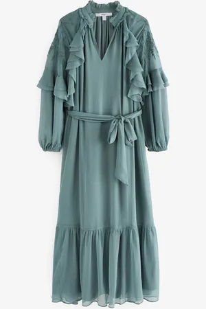 Next Long Sleeve Tie Waist Ruffle Embroidered Maxi Dress44