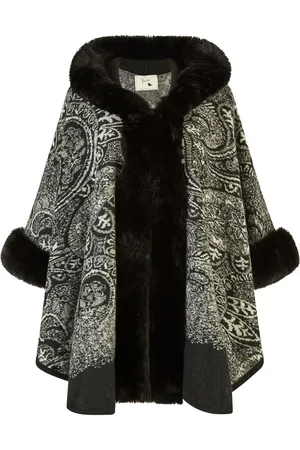 Yumi Faux Fur Trim Cape Poncho With Paisley PrintS-M