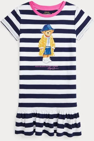 Ralph Lauren Girls Striped Polo Bear 100% Cotton Jersey Blue/White Dress13 Jaar (158cm)
