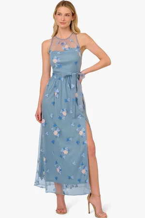 Adrianna Papell Blue Halter Embroider MaxiM