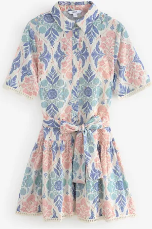 Next 100% katoenen mini-overhemdjurk met broderie, korte mouwen en strikceintuur40 Tall