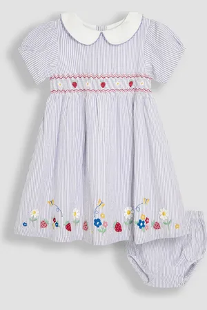 JoJo Maman Bébé Seersucker Appliqué Smocked 100% Cotton Dress9298cm