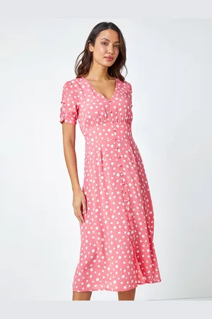 Roman Polka Dot Ruched Sleeve Midi Dress48