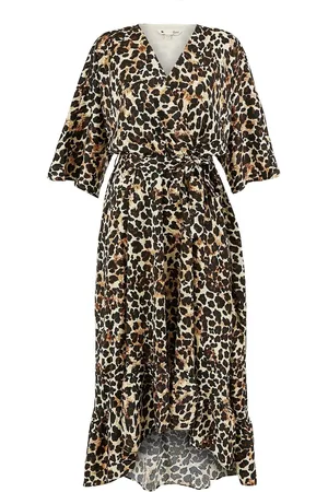Yumi Leopard Print Midi Wrap Dress With Kimono Sleeves46