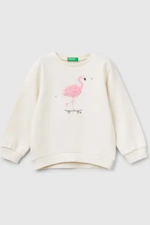 Benetton Ben Girls Cream Graphic Embroidered 100% Cotton Sweatshirt104110cm