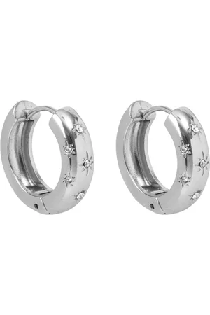Bibi Bijoux Silver Tone Pavé Star Stainless Steel Hoop Earringseen